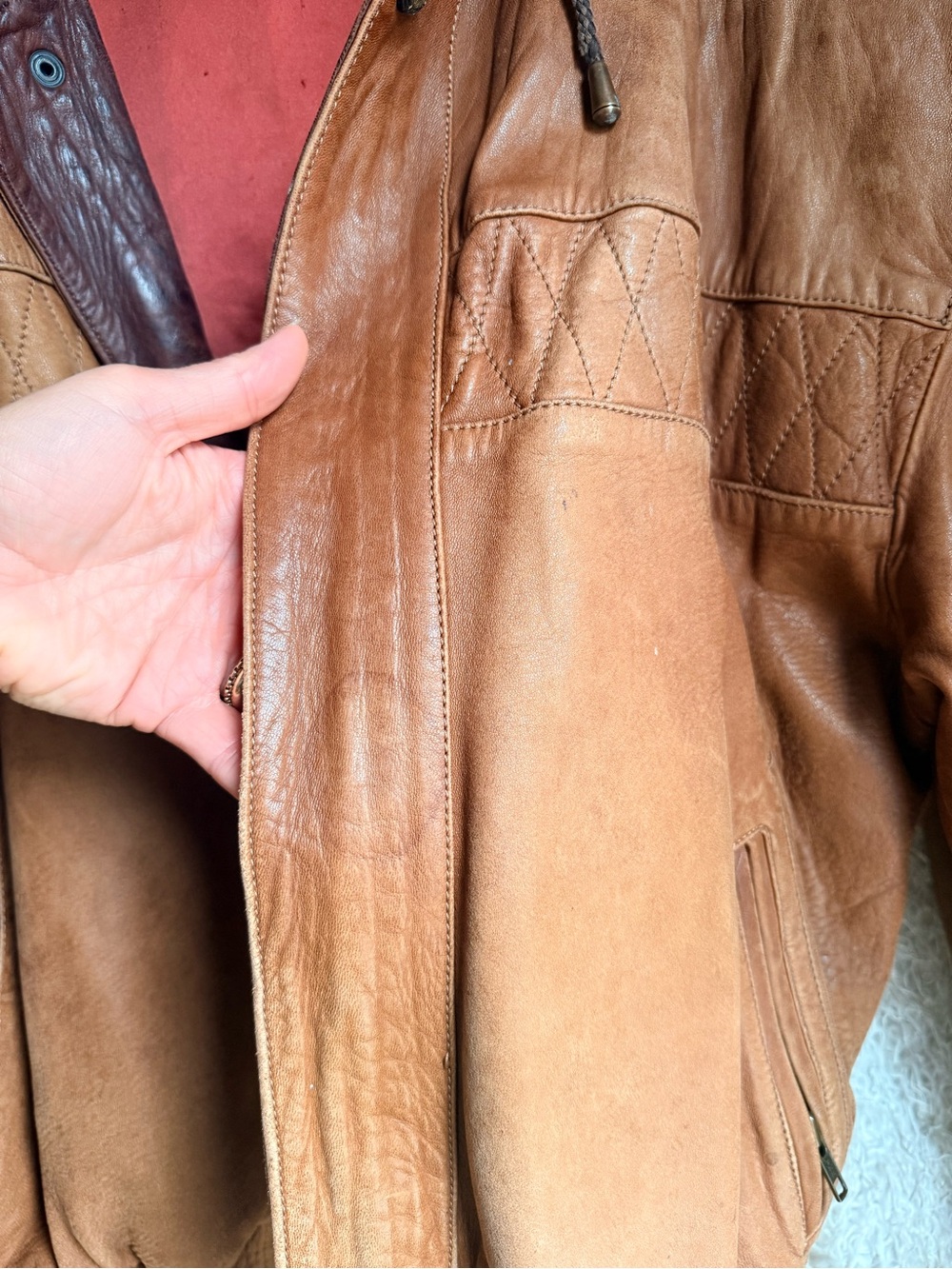 Vintage 90s Leather Bomber Jacket | Quilted Funnel Neck | Oversized Brown | L - Picture 16 of 16